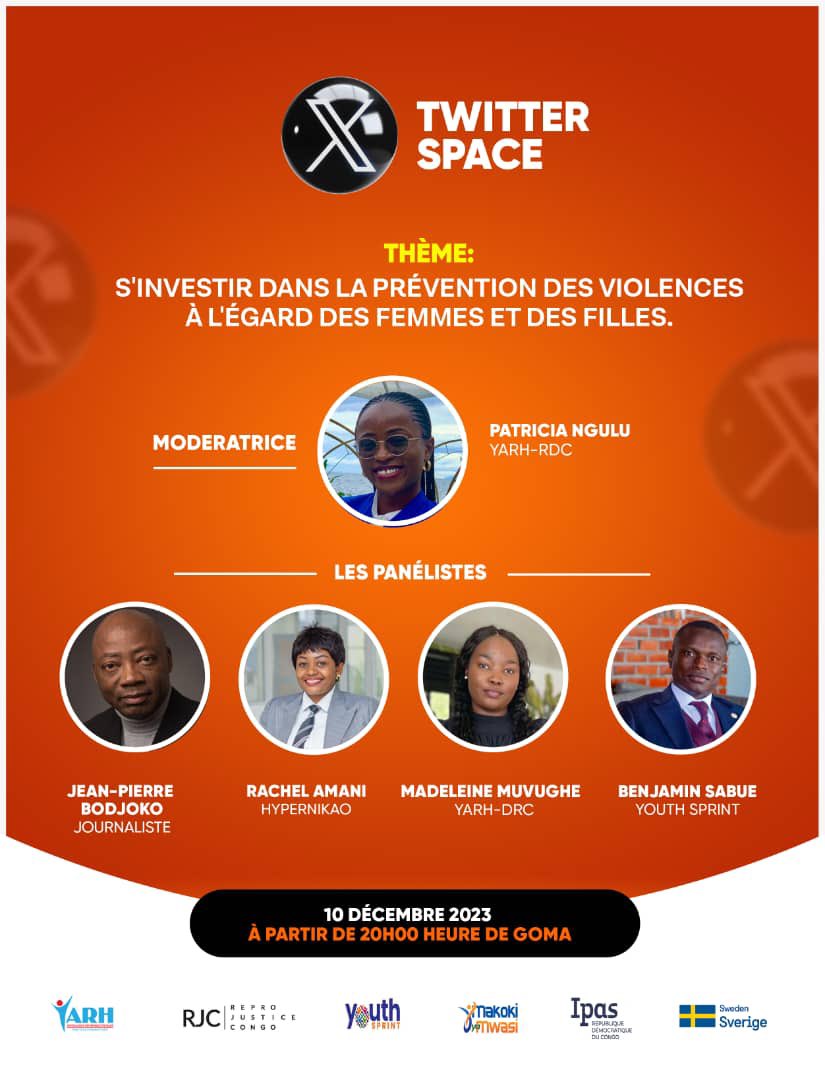 Rejoignez nous au #XSpace organisé par @yarhdrc aujourd’hui à 20h00 heure de Goma pour clôturer la campagne de #16joursdactivisme et célébrer la journée internationale des droits de l’homme .

#16Jours4MakokiYaMwasi
#PassEACSRHBill
#BrisonsLeSilence.
#StopViolencesFemmes