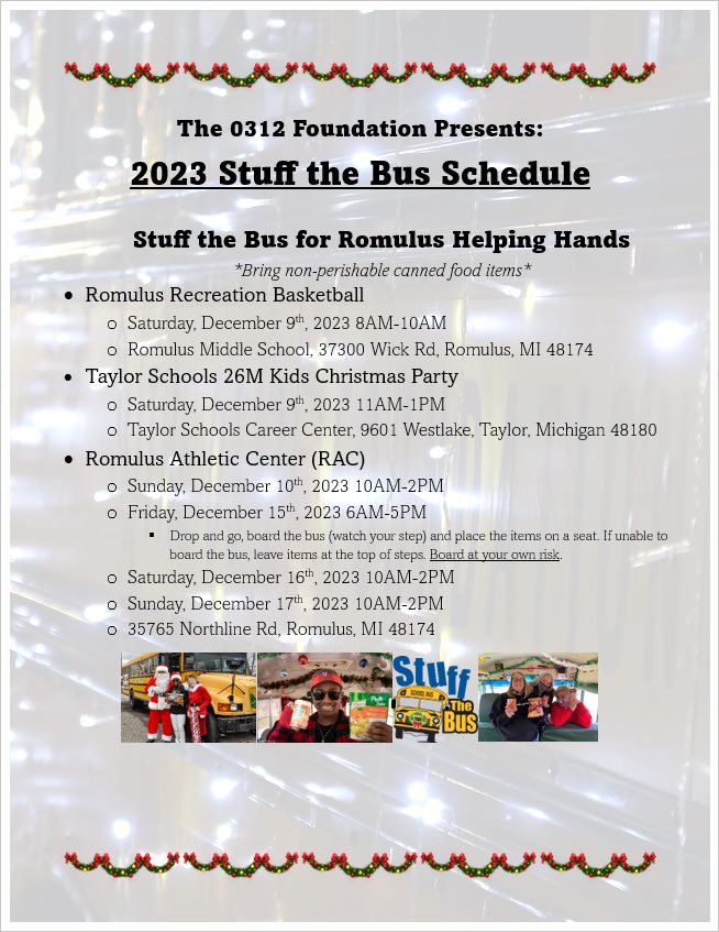 0312Foundation's tweet photo. 2023 Holiday Stuff the Bus schedule for Romulus Helping Hands. Collecting non-perishable canned food items. Next up, @RomulusAC. See you there! #stuffthebus #schoolbus https://t.co/M47RCsDJUN