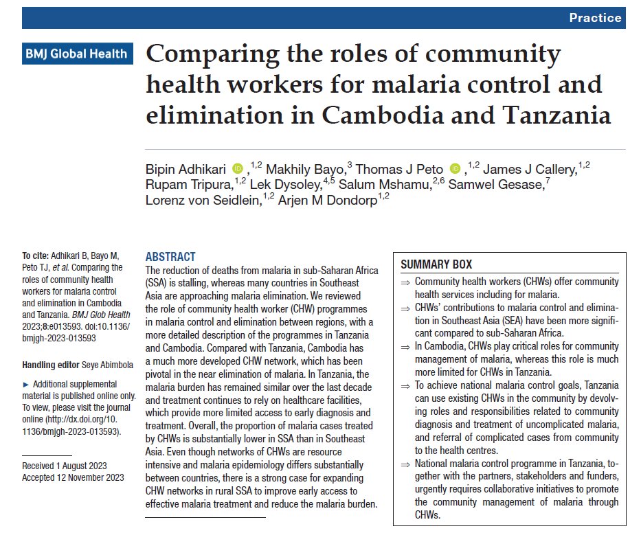 Are there transferable lessons from community (village) #malaria workers programme in Cambodia that can be considered for service delivery strategies in Tanzania? Please read our review @GlobalHealthBMJ #CHWs @MORUBKK @TropMedOxford gh.bmj.com/content/8/12/e…
