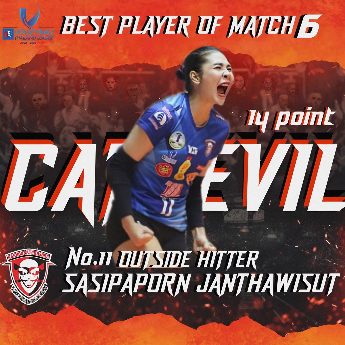 ผู้เล่นยอดเยี่ยม ประจำแมตช์ที่ 6
เอสโคล่า วอลเลย์บอลไทยเเลนด์ลีก ฤดูกาล 2023/24

ตำเเหน่ง หัวเสา : ศศิภาพร จันทวิสูตร
14 Point (Spike 14)

#NakhonratchasimaQminCVC
#Catdevil