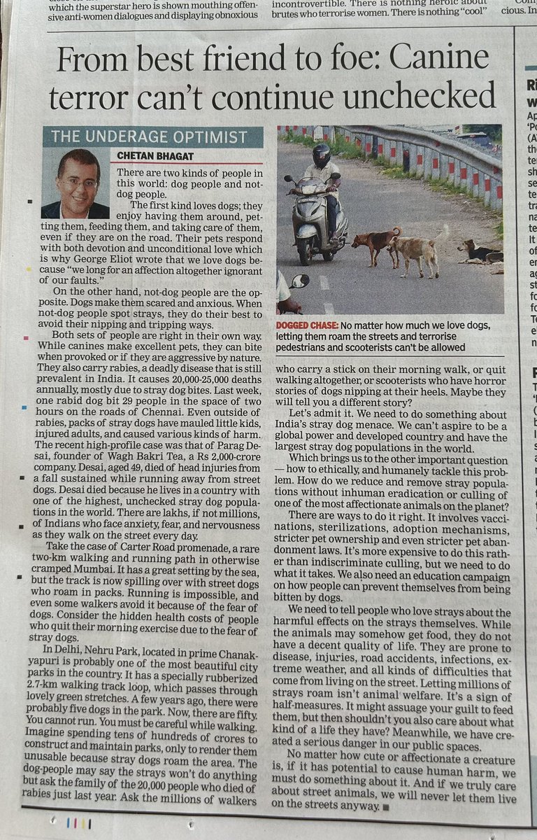 YogeshKalwani's tweet photo. Good article in TOI by @chetan_bhagat. BMC measures have been ineffective and stray dog population has multiplied over years. 
We have to learn from Germany, Netherlands and other countries who have effectively kept public areas free from stray dogs. https://t.co/QryfvODaVV