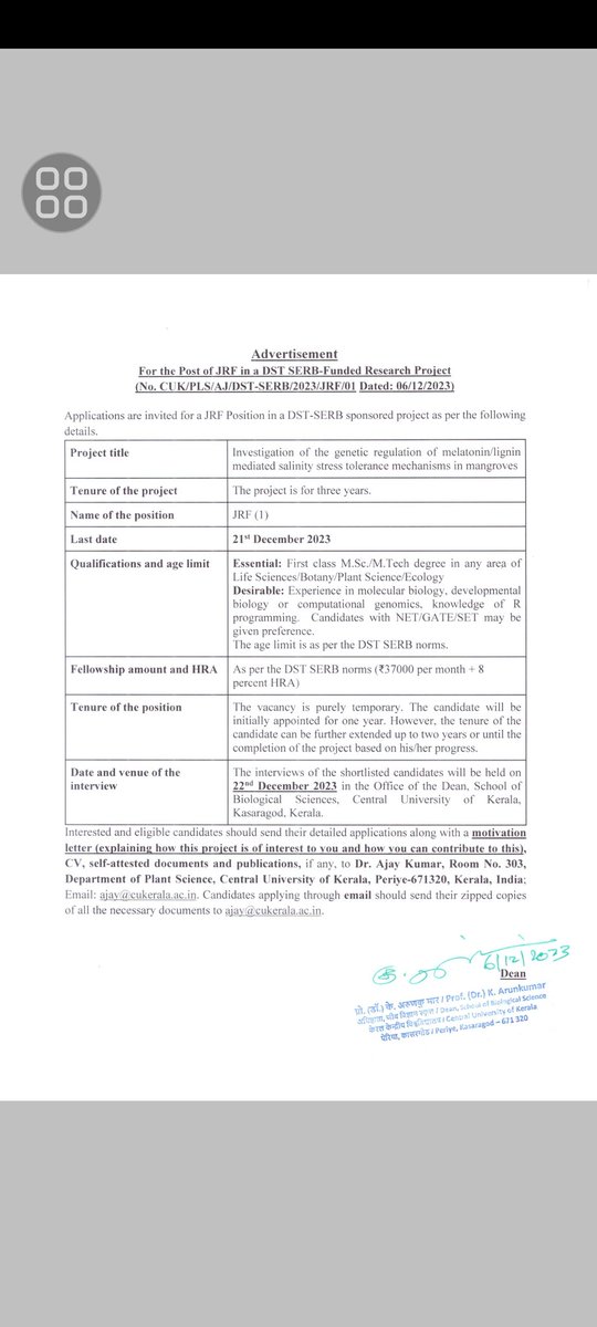 JRF ⚠️ Vacancy.🍂
Our lab is hiring a JRF in a DST SERB funded project. Candidate will work on mangrove adaptations to salinity stress. 
Pls share. <a href="/IndianBotanists/">Indian Botanists</a> <a href="/plantae_org/">Plantae</a> <a href="/PlantScienceCo2/">Plant Science and Agricultural Research Conference</a> <a href="/MangrovePh/">Mangrove Matters PH</a> <a href="/Mangroves/">Global Mangrove Alliance</a> <a href="/IUCN_Mangrove/">IUCN Mangrove SG</a> <a href="/helpBIOTECH/">helpBIOTECH</a>