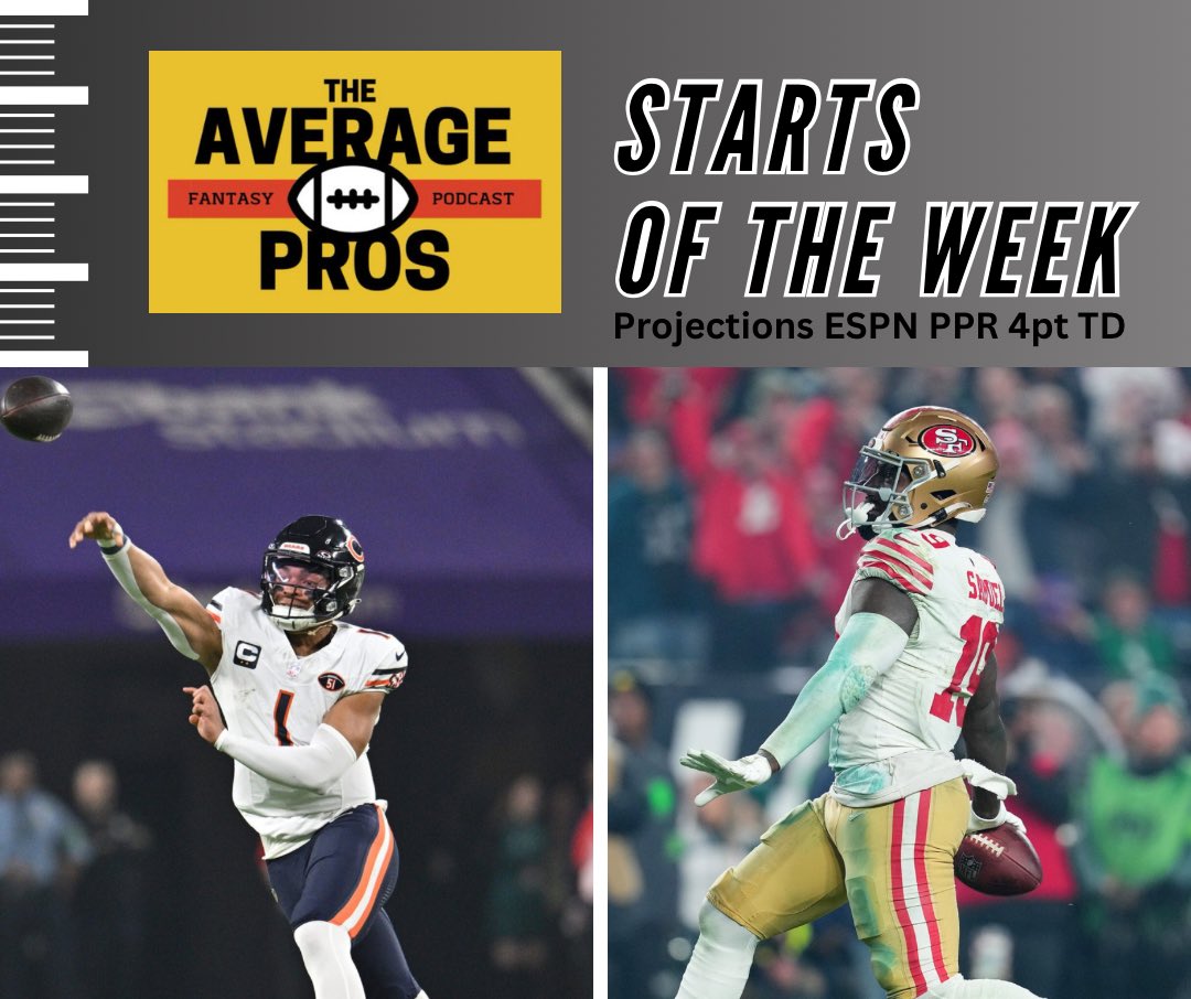 AverageProsFF's tweet photo. 👀Saturday Starts of the Week!!
💥Here are some guys that we think will outperform their ESPN projections. If you have them, we suggest playing them!
🍀Good luck in all of your matchups this last week of the regular season!
#FantasyFootball #NFL #StartsOfTheWeek #AVPFantasy https://t.co/i6YXpv8Lu8