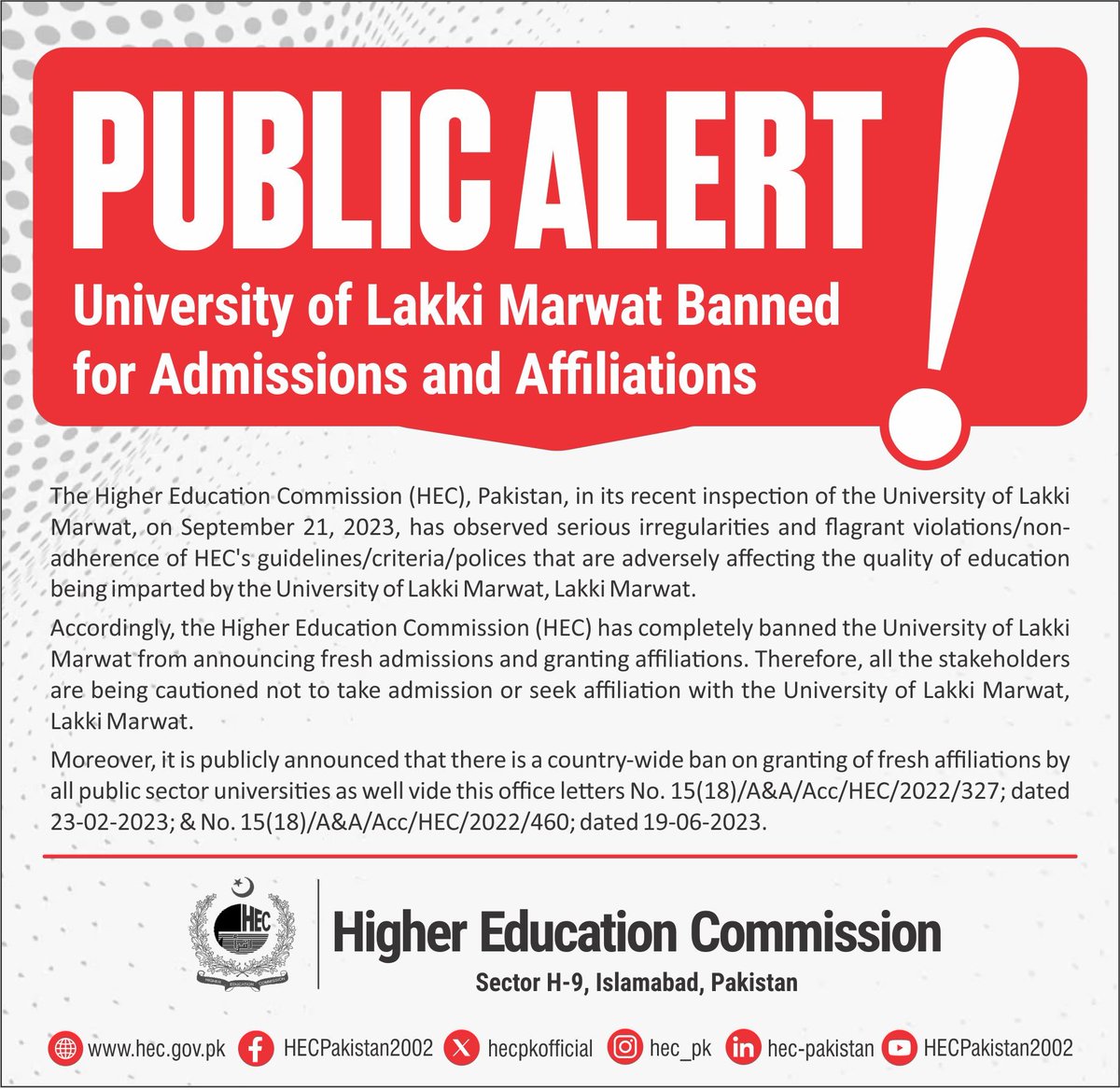 hecpkofficial's tweet photo. * PUBLIC ALERT *

University of Lakki Marwat Banned
for Admissions &amp; Affiliations https://t.co/ju6YprpU9h