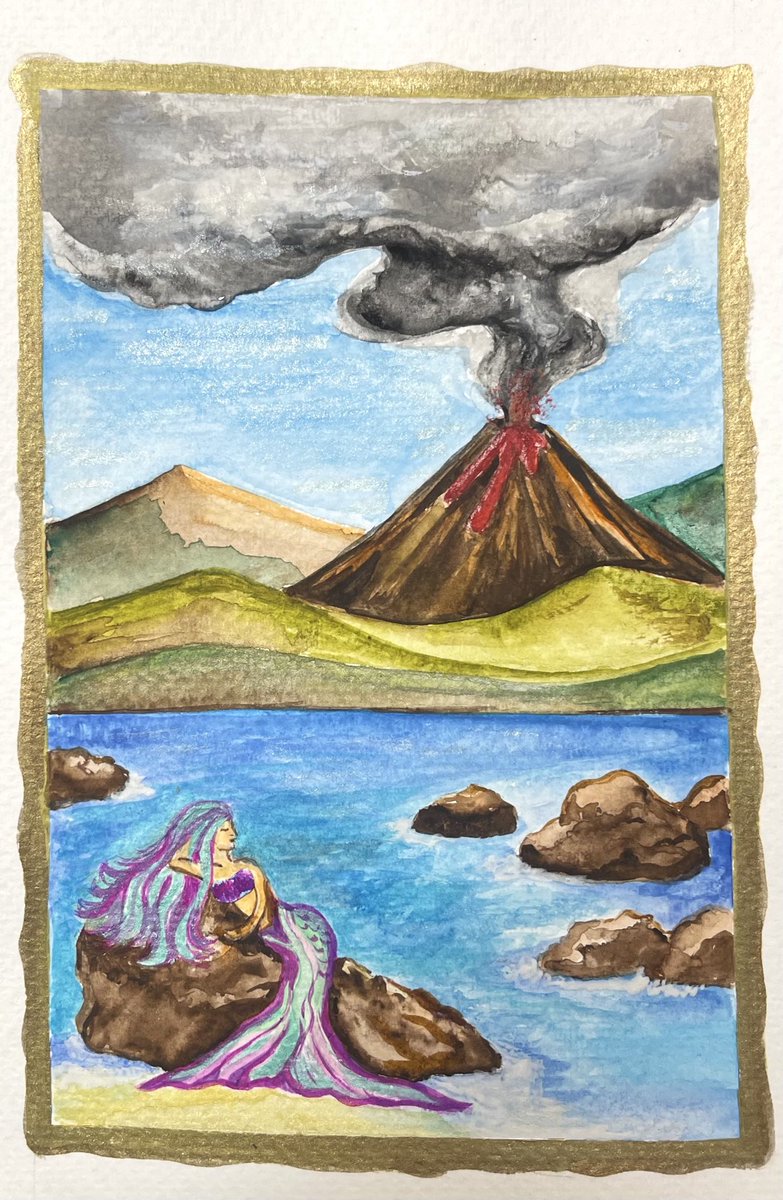 I did a little painting for a friend that loves #mermaids and probably #volcanoes too, since she’s friends with me! The sky has a metallic wash which shows up as faded parts in the picture. This was a fun one to paint. #volcanoart