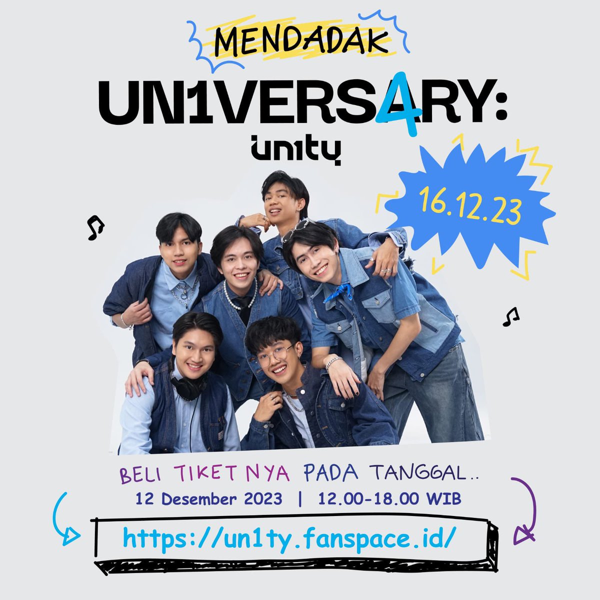 ‼️ PERHATIAN ‼️ 'MENDADAK UN1VERS4RY' Sabtu, 16 Desember 2023 Penjualan tiket dibuka Selasa, 12 Desember 2023, jam 12.00 WIB. Stay tune terus untuk info lanjut! Jangan sampai ketinggalan!!💙💜✨ Art by the talented @Zweitson_UN1TY #Happy4thUN1VERS4RY #MendadakUN1VERS4RY