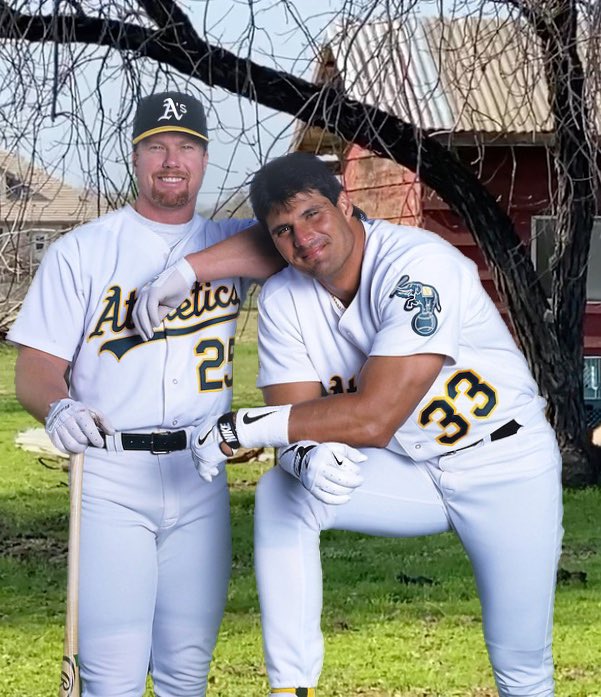 RYBstuff's tweet image. Mark McGwire &amp;amp; Jose Canseco at the top of their game hanging out in my pasture before a game near my pig barn. Ha ha not really, but awesome! #markmcgwire #josecanseco #baseball #oaklandathletics #1990sbaseball