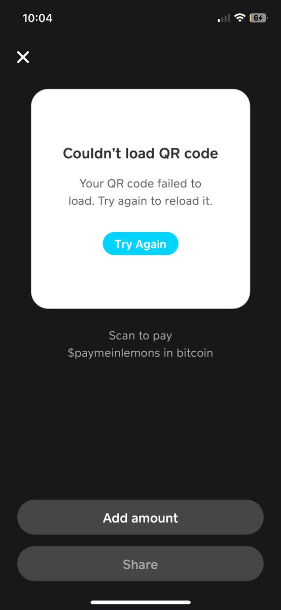 lemonprograms's tweet photo. Anybody else struggling to receive bitcoin on @CashApp ?

My buddy text me saying he couldn’t generate an address on Android so I thought I’d check mine and got a similar error on iPhone https://t.co/9RBPMX6r4Z
