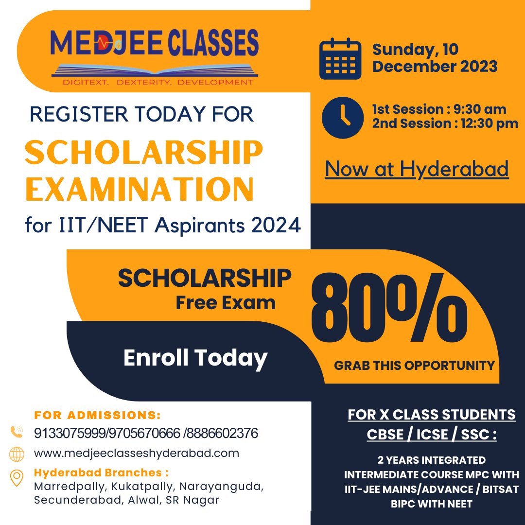 Medjeeclas61517's tweet image. &quot;Register today for our scholarship examination designed for IIT NEET aspirants in 2024! Unlock your potential and pave your path towards success with this opportunity.

#IITJEE #NEET
#JEE2023
#ScholarshipExam
#JEEPreparation
#IITAspirants
#EducationForAll
#ScholarshipOpportunity