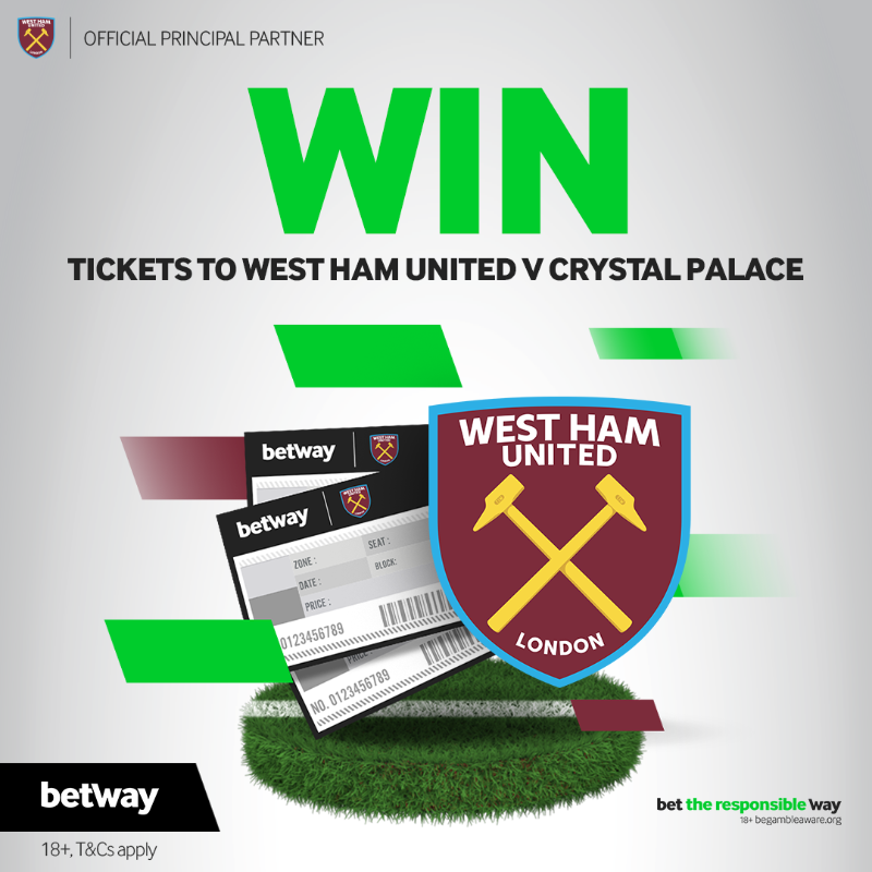 betway's tweet photo. 𝗚𝗶𝘃𝗲𝗮𝘄𝗮𝘆 𝘁𝗶𝗺𝗲! 🎟️

We're giving you the chance to win tickets to @WestHam v Crystal Palace on Sunday.

For a chance to win: 
🖱️ Follow us @betway
🔃 Repost this tweet 

We'll announce the winners tomorrow.
