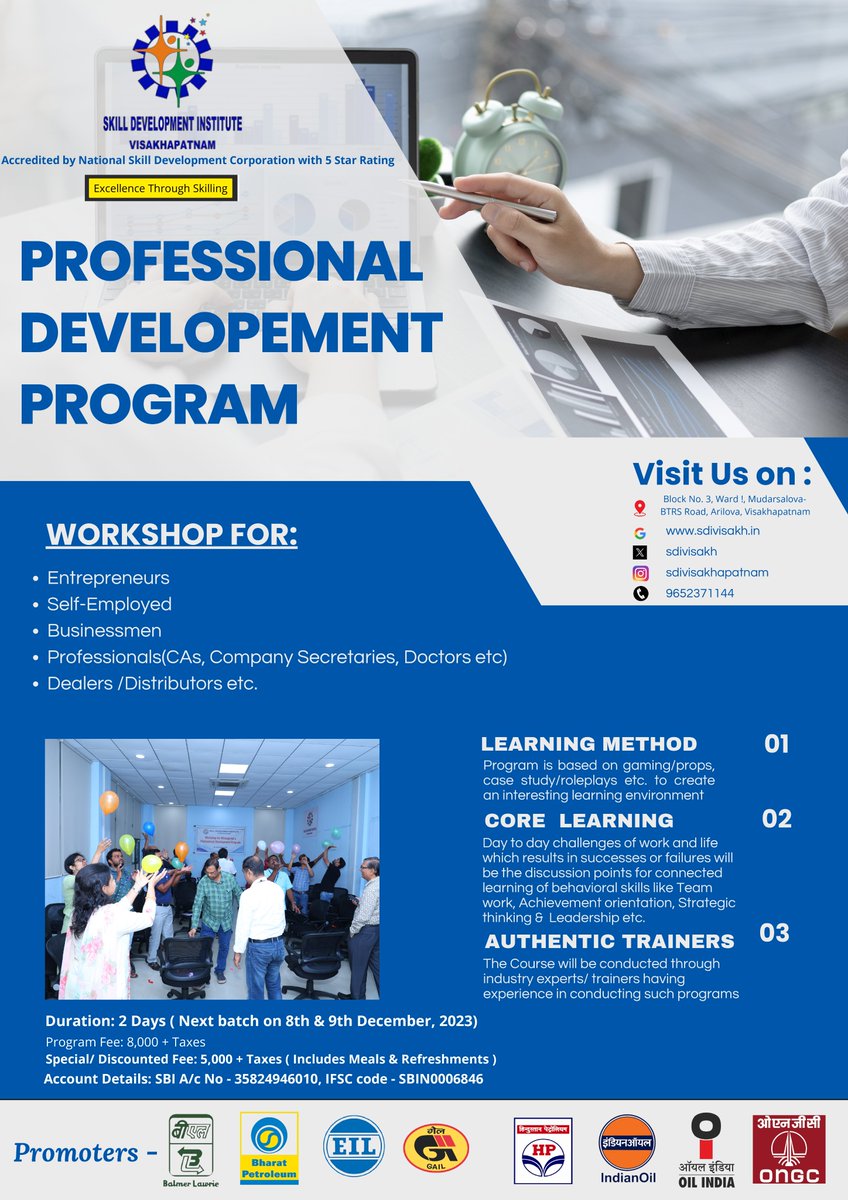 sdivisakh's tweet photo. SDI Visakhapatnam is taking up vaiorus external corporate training programs on productivity, Behavioural, Technical, Leadership and other functional programs aimed at enhancing skills of corporates, middle management and unemployed youth. Details in enclosed flyers. https://t.co/c6B8SYcay9
