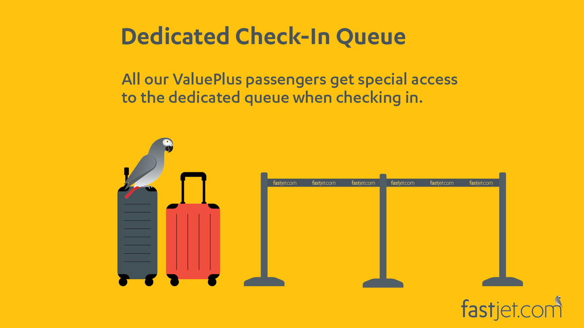fastjet's tweet image. All of our ValuePlus passengers have access to our dedicated queue to fly through check-in.

A faster queue means more time for you to relax before your flight.

#fastjet #ForEveryone #ValuePlus #CheckIn