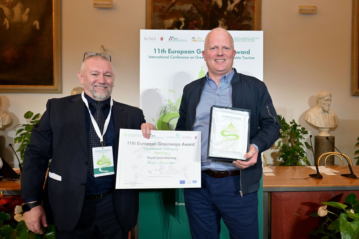 The @royal_canal greenway wins 🥇1st place at the @GreenwaysEurope Awards held in Rome on 20th Nov! The judges commended the ambitious project of transforming 130 km historical canal into a greenway, highlighting its high heritage value, quality, and strong stakeholder support.