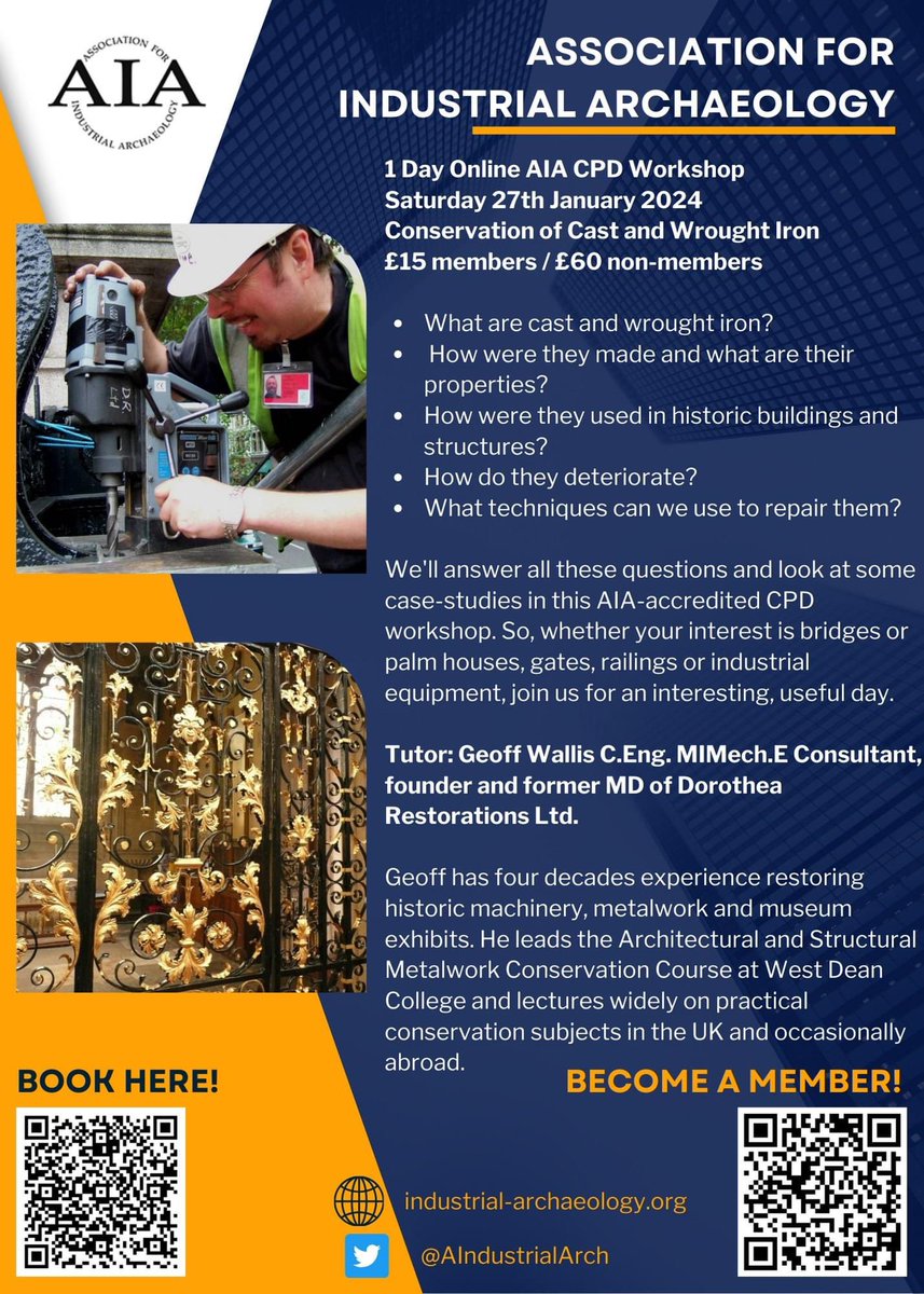 A day of CPD from the UKs leading iron conservation and restoration specialist. This is going to be great! 

AIA CPD Workshop: Conservation of Cast and Wrought Iron eventbrite.co.uk/e/aia-cpd-work…
