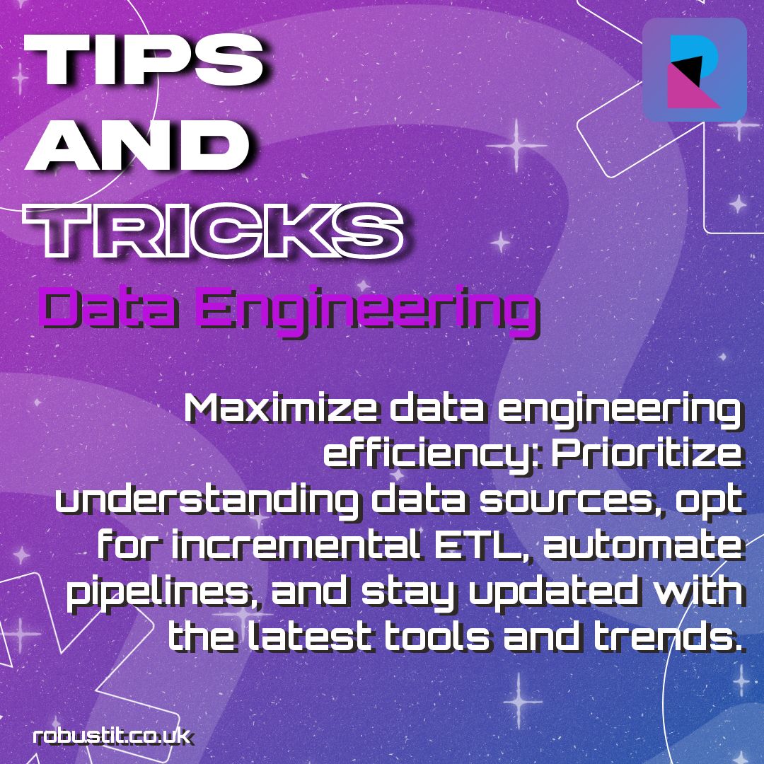 RobustIT's tweet image. TIPS & TRICKS TUESDAY
Unlock the full potential of your data engineering projects with these key strategies: Understand your data, choose smart ETL, automate, and stay tech-savvy! 💻🚀
#DataEngineeringTips #DataEngineering #RobustIT #Onlinecourses #ITTraining
