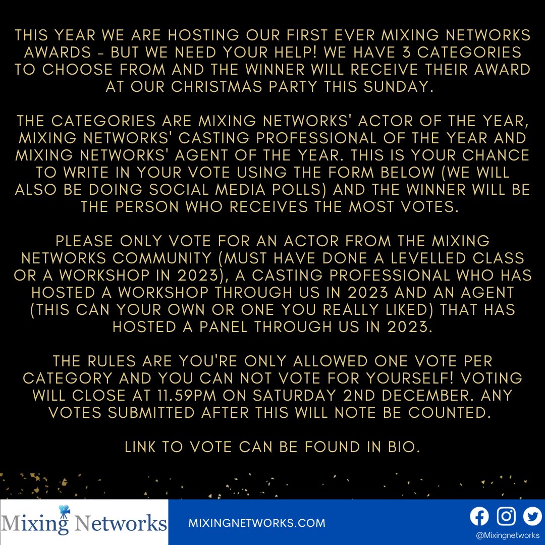 VOTE NOW ON OUR FIRST EVER MIXING NETWORKS AWARDS! 🎉

We can't believe our Christmas Party is already this Sunday (last few tickets available via our website)! This year we are hosting our first ever Mixing Networks Awards - but we need your help! We have 3 categories to choose