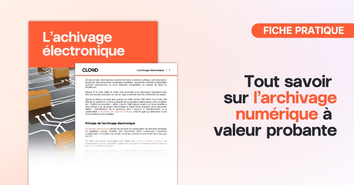 🔒 De plus en plus d’entreprises sont amenées à accumuler des données sensibles, et ont un besoin de sécurité juridique totale pour leurs documents. 

Grâce à l'intégration <a href="/Arkhineo/">Arkhineo</a> via <a href="/closd_legaltech/">Closd</a>, répondez à votre obligation légale d’archivage ➡ hubs.ly/Q029_wYG0