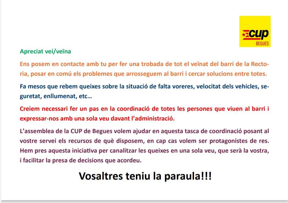 BeguesCup's tweet photo. Aquest diumenge, convidem al veïnat del barri de la Rectoria de #begues a la trobada per conversar sobre els problemes que arrosseguem des de fa temps. Hi ha temes d'urbanisme, trànsit, enllumenat,etc... https://t.co/BFH7A0GxLi