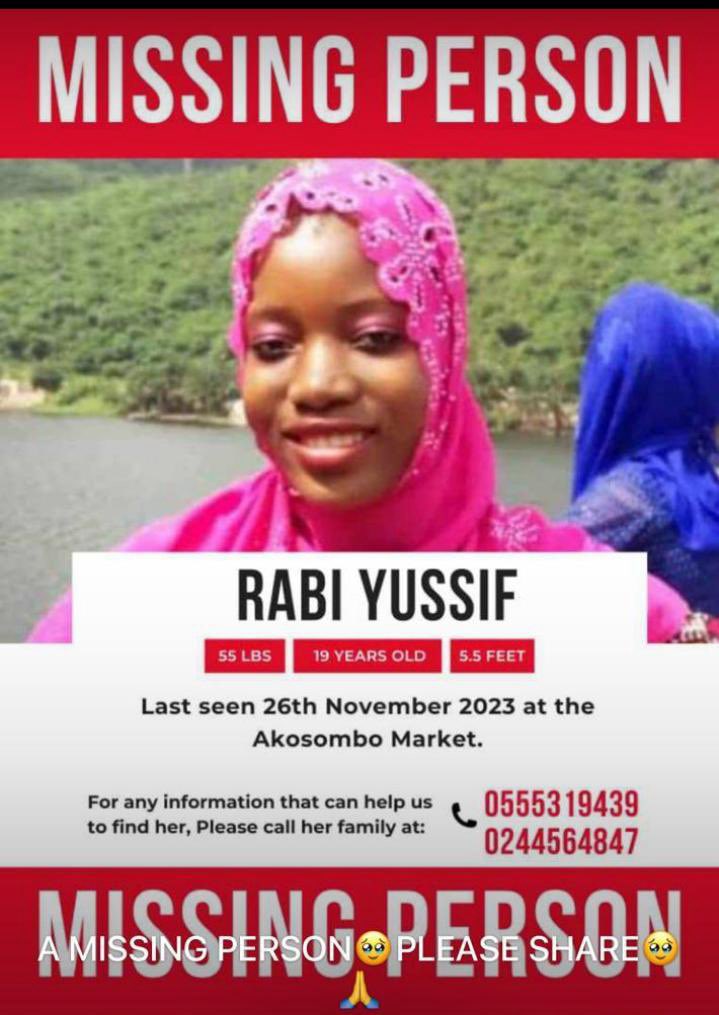 themassesmatter's tweet image. Please help let’s find Rabi Yussif 

Kindly RT 🙏

Anybody with any information should contact the family on
0555319439
0244564847