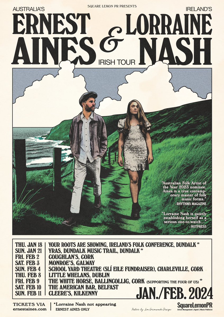 I am delighted to announce that Australia’s @ErnestAines and I will be touring Ireland in February 2024! Huge thanks to @clarecremin for organising this 💛 Link to tickets linktr.ee/LorraineNash