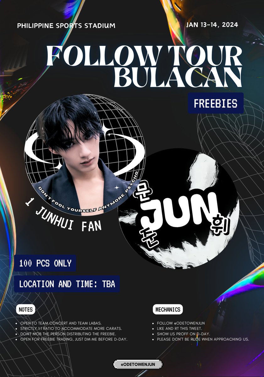 [FOLLOW TO BULACAN]
FAN SUPPORT FOR SEVENTEEN'S #JUN 💎

hi! i'll be giving away jun hand fans on follow to bulacan (both days) details are on the photo. 

open for donations to produce more.  

#SEVENTEEN #세븐틴 #SVT_TOUR_FOLLOW #FOLLOW_TO_BULACAN