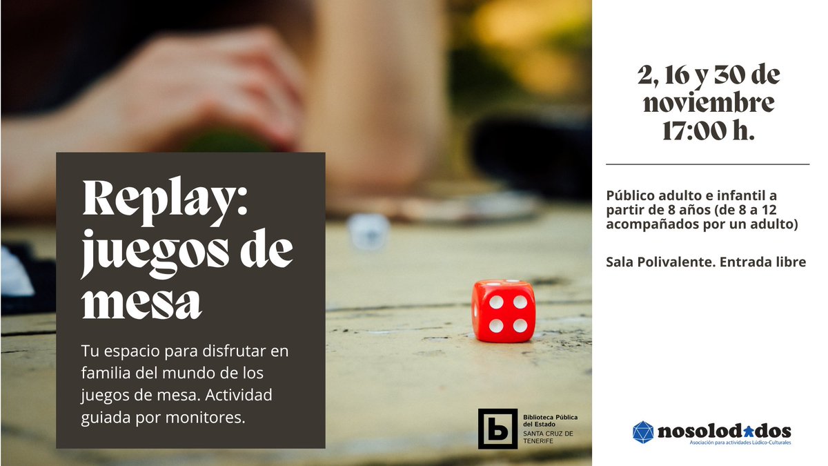 nosolodados (@nosolodados) on Twitter photo 2023-11-28 10:07:47 Este jueves 30 de noviembre estaremos en la @BiblioTenerife a partir de las 17:00 con otra sesión de juegos de mesa. Te esperamos en la sala polivalente Este jueves 30 de noviembre estaremos en la @BiblioTenerife a partir de las 17:00 con otra sesión de juegos de mesa. Te esperamos en la sala polivalente