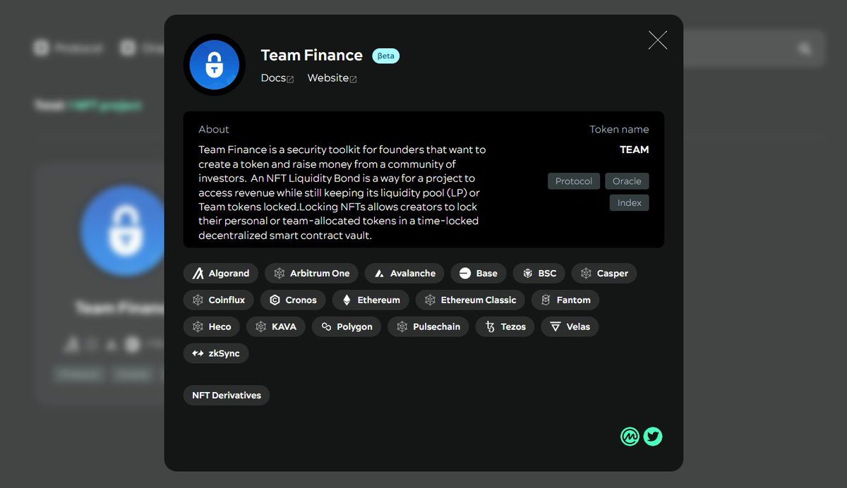 Envelop_project's tweet photo. #FreeNFT project listing #FiNFT
@TeamFinance_ added to #NFT2.0 aggregator
https://t.co/jGP1JrQY30
Team Finance is a security toolkit for founders that want to create a token and raise money from a community of investors. An #NFT Liquidity Bond is a way for a project to access revenue while still keeping its liquidity pool (LP) or Team tokens locked. Locking NFTs allows creators to lock their personal or team-allocated #tokens in a time-locked decentralized smart contract #vault.