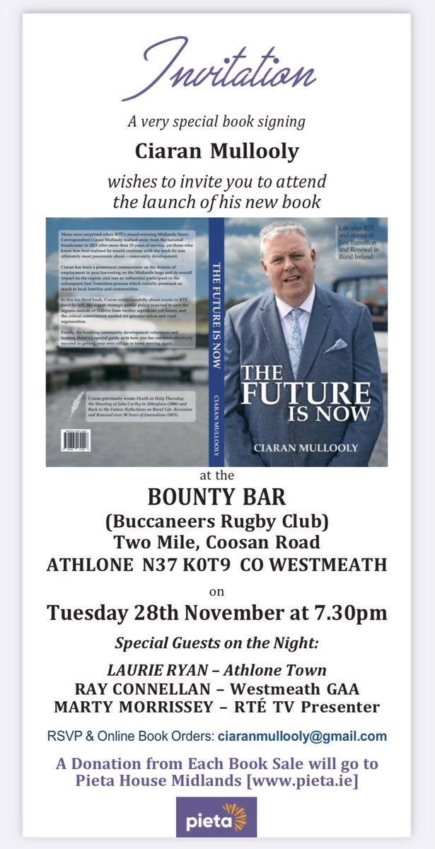 THE BIG DAY has arrived: looking forward to meeting Laurie Ryan @AthloneTownAFC Ray Connellan @AthloneGAA and Marty Morrissey at our book launch tonight in Bounty Bar @buccaneersrfc Athlone at 7.30pm. This is an OPEN invitation to you ALL with proceeds to @PietaHouse Midlands
