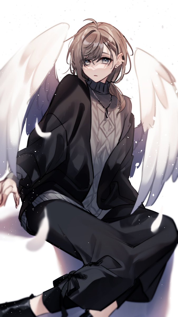 kanae (nijisanji) wings brown hair male focus 1boy solo feathered wings sweater  illustration images