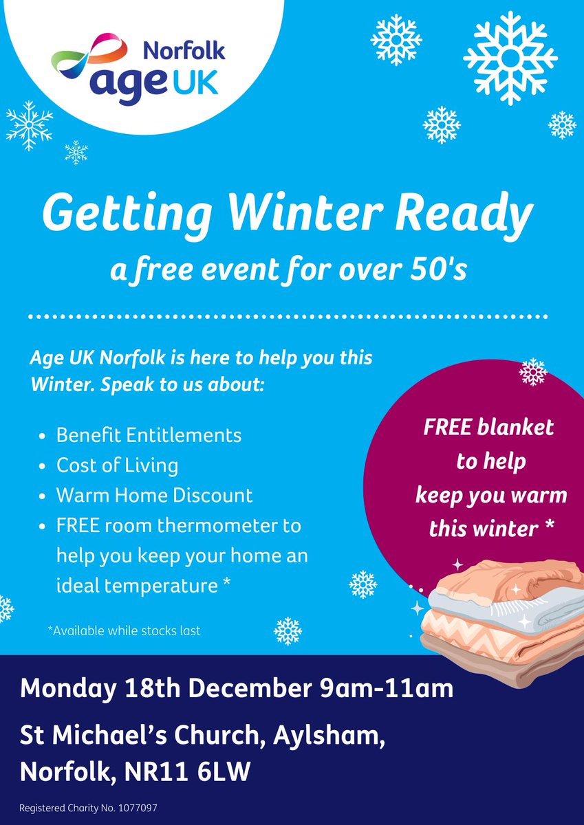 If you're over 50, or have family or neighbours who are, pop along to @ageuknorfolk's Getting Winter Ready event on 18th December in Aylsham.