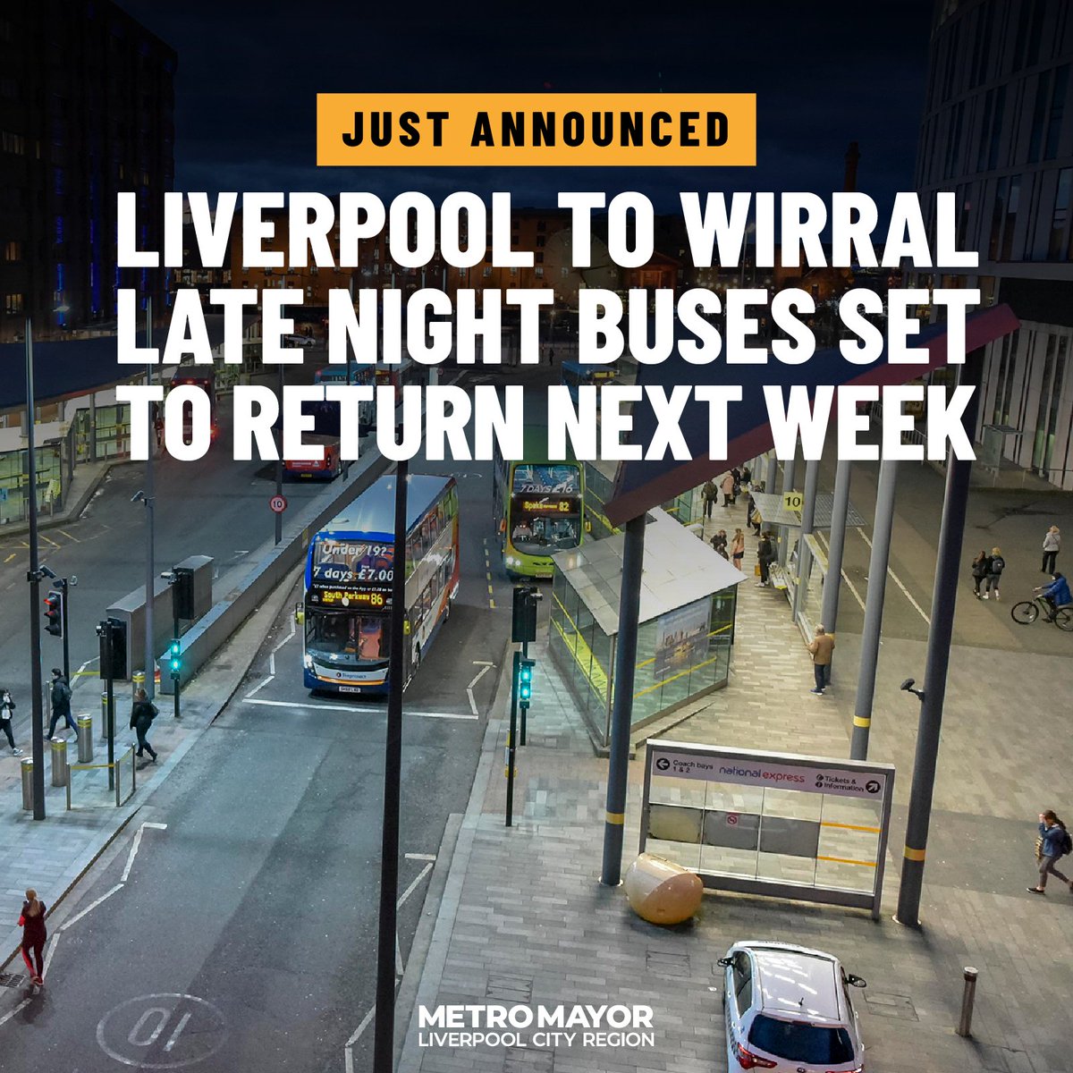 LCRMayor's tweet photo. ✅ IT'S OFFICIAL: Late night buses between Liverpool and the Wirral are set to return from next week!

🚍 It's part of a new trial being launched by @MetroMayorSteve.

🌃 Starting Friday 8 December, services will run from 12.30am until 5am. https://t.co/F8osNQsBl5