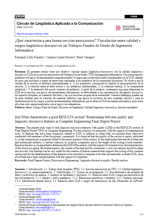 inter_ecodal's tweet photo. @TraduccioUPF @CarmenLpezFerre @amducasse @RMIT @temagi16 Fernando Lillo, Carmen López Ferrero y René Venegas, “¿Qué caracteriza a una buena sección RESULTADOS? Identificación de rasgos para determinar la calidad lingüístico-discursiva de los RESULTADOS en Ingeniería Informática” en CLAC https://t.co/t3PhihQaQt https://t.co/OYxtRjB5uQ