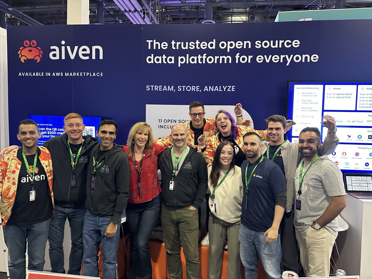 aiven_io's tweet photo. Check out our crabs 🦀 in their natural habitat at #awsreivent2023! Be sure to drop by our booth (#1623) to hear our crabtivating lightning talks. Can't make it to re:Invent? Don't worry, our girl @JennJunod has got you covered 👉https://t.co/cw1XRuyvcF https://t.co/nzVXtY3C1A