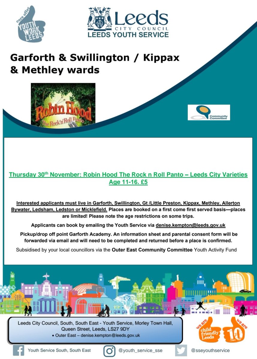 Pantomime trip for young people living in the #Garforth and #Swillington / #Kippax and #Methley wards.

Please email denise.kempton@leeds.gov.uk for a consent form. 

Funded by the local ward Councillors via @_YourCommunity

#youthworkleeds #panto