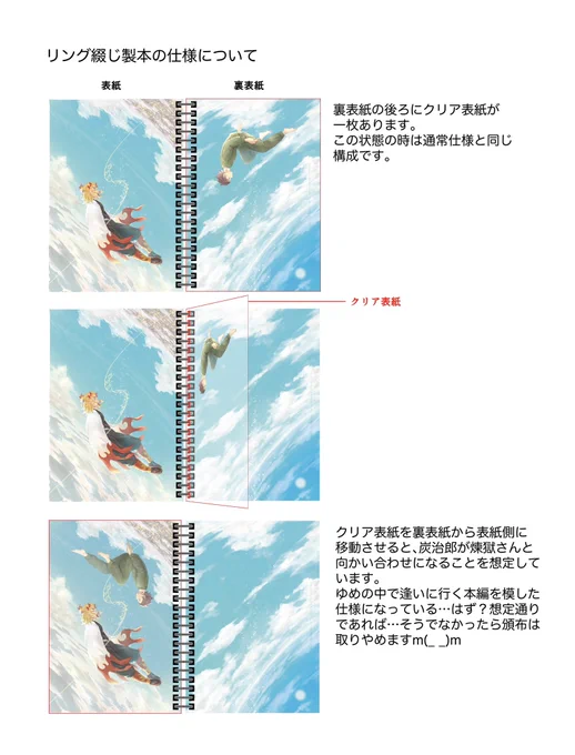 イベントで頒布する小部数の特殊装丁についてと、セット販売についてです。
特殊装丁はクリア裏表紙付きリング綴じ製本です。
お品書きでちゃんと書きますがセット価格は2冊の合計そのまま1000円です。よろしくお願いします🙇

コピー本間に合いたい〜 