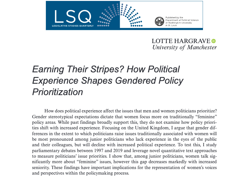 Very pleased to say I have a new paper, 'Earning Their Stripes? How Political Experience Shapes Gendered Policy Prioritization', out today in @LSQjournal ❓I ask: how does political experience affect the issues that men & women prioritise? Paper (🔓): doi.org/10.1111/lsq.12…