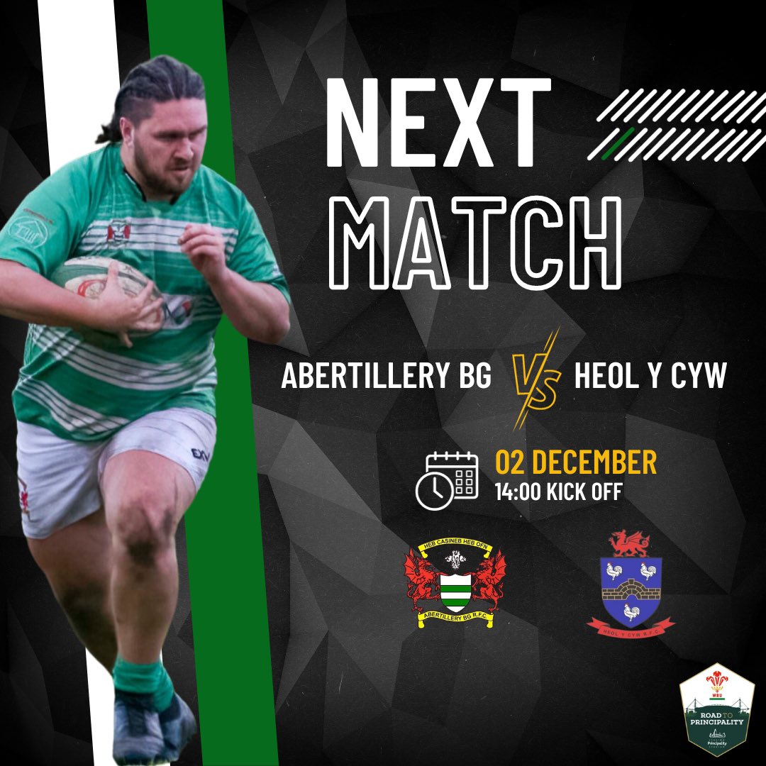 Big match this Saturday against Heol Y Cyw in the cup's last 16! Shoutout to the amazing away support last weekend 👏🏼 Let's replicate that energy at the park on Saturday! 💚💚 Please note the earlier KO time 👇🏻 🕐 14:00 KO 📍 Abertillery Park #GreenArmy