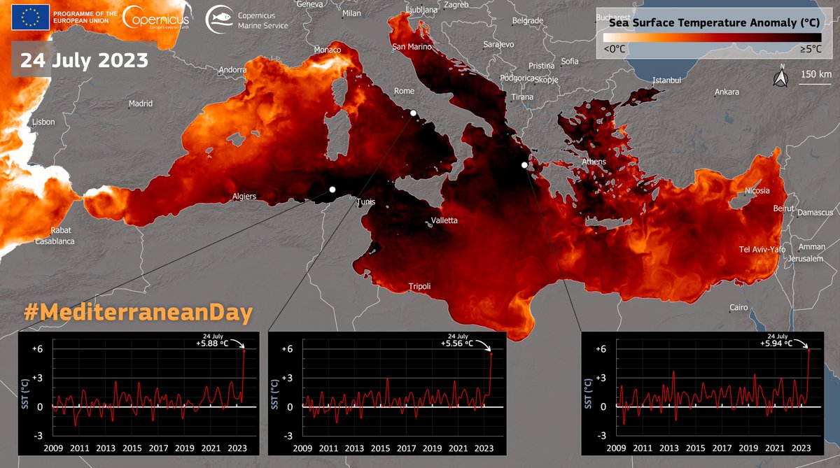 #Copernicus for #MediterraneanDay

The Mediterranean experienced a severe marine heatwave last summer

⬇️The sea surface temperature anomaly (#dataviz based on #CopernicusMarine data) illustrates the ongoing challenges brought by  #ClimateChange in this precious environment🌊