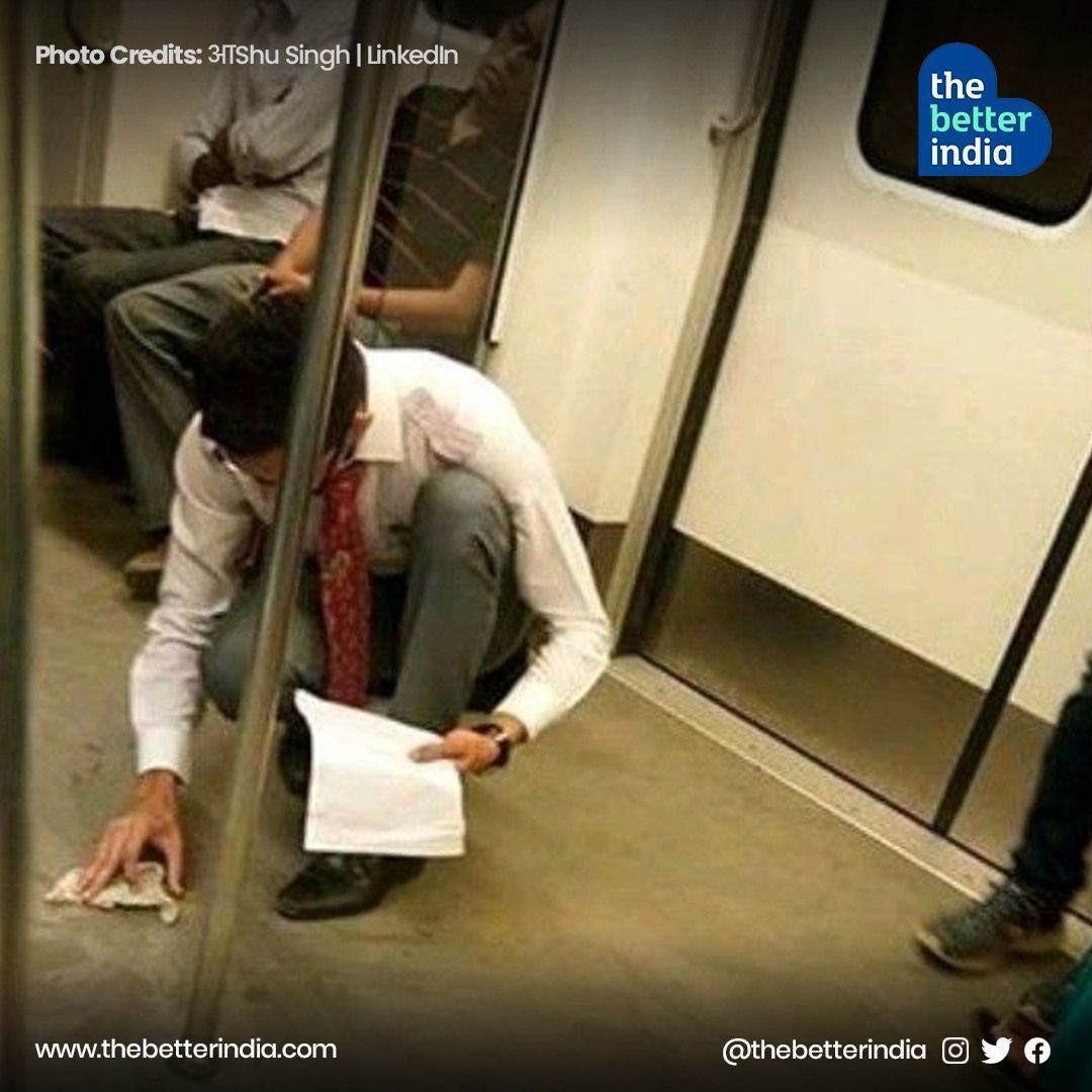 'In #DelhiMetro a young boy sitting with earphones in was taking out a water bottle from his bag when his tiffin box fell, and all his lunch spilt onto the floor.

#Inspiration #People #Metro #Delhi #CleanIndia