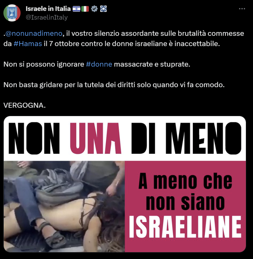 Pensavo fosse uno stronzo qualunque, e invece no, è l'account ufficiale dell'ambasciata israeliana in Italia che attacca @nonunadimeno e le centinaia di migliaia di manifestanti del #25Novembre.
#Israele ha ucciso quasi 4000 donne in meno di 2 mesi. Quelle non contano. #genocidio