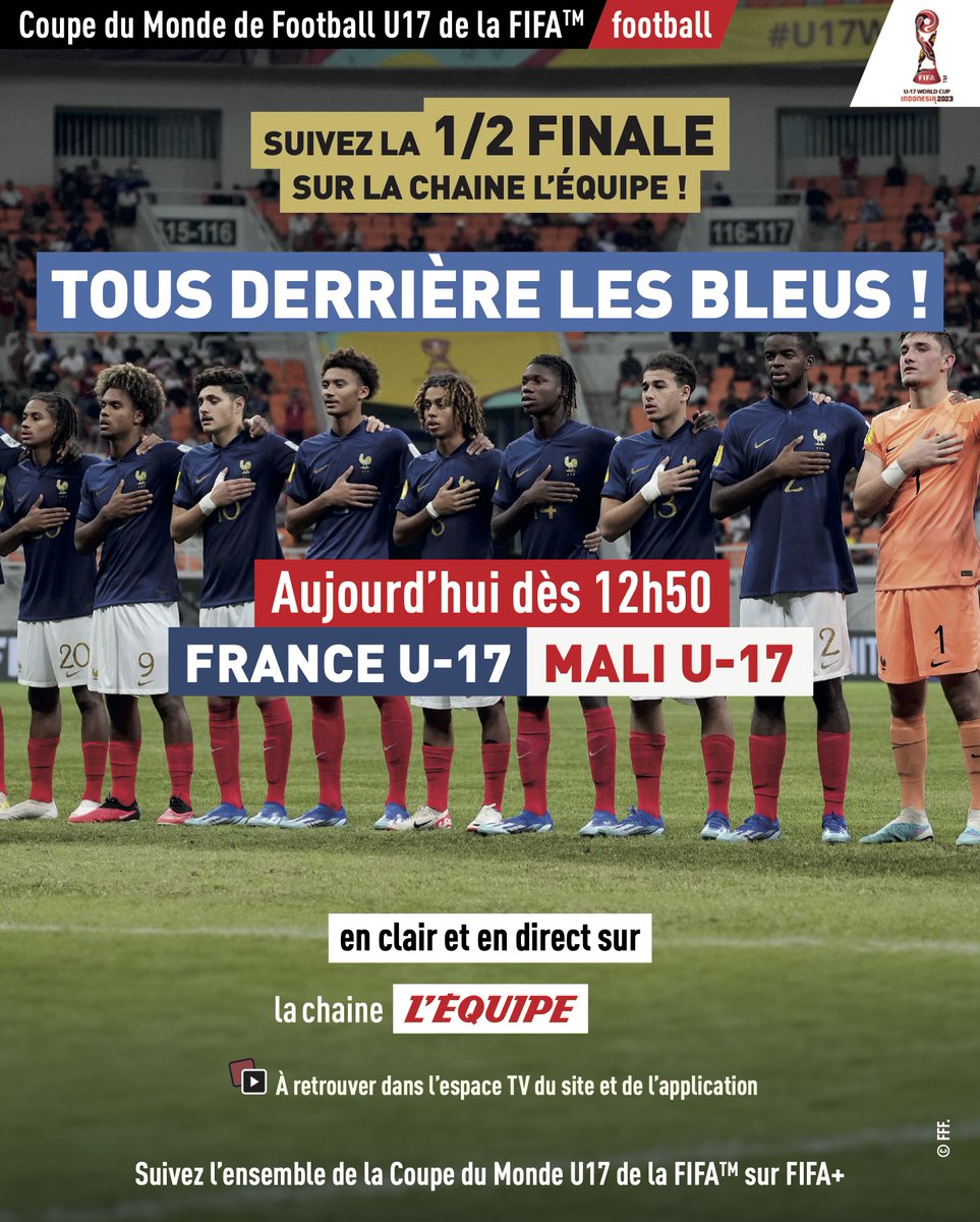 ⚽️ 𝗖𝗢𝗨𝗣𝗘 𝗗𝗨 𝗠𝗢𝗡𝗗𝗘 𝗗𝗘 𝗙𝗢𝗢𝗧𝗕𝗔𝗟𝗟 𝗨𝟭𝟳 🏆 1/2 finale ⏰ 12h50 🇫🇷 France - Mali 🇲🇱 📺 @lachainelequipe #FiersdetreBleus #U17WC