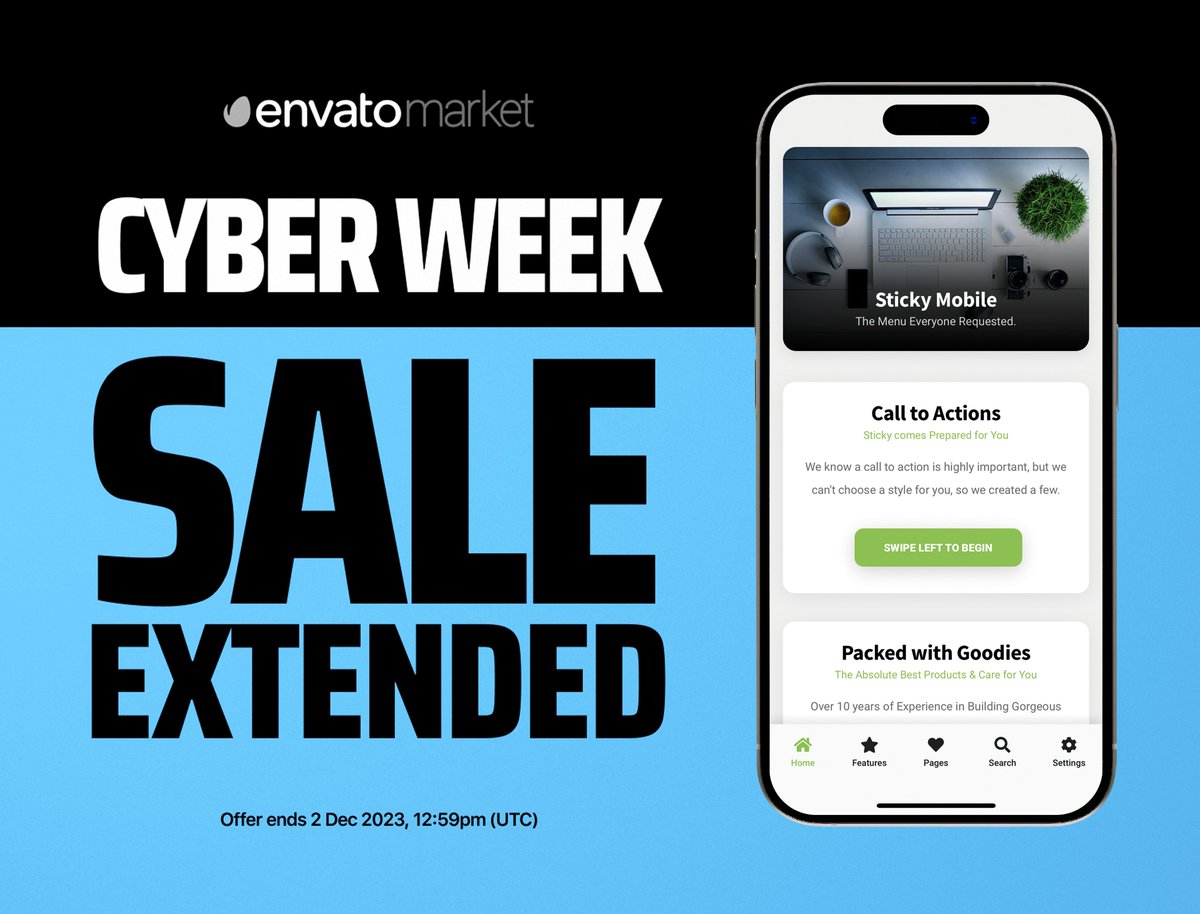 🛍️ Cyber Week has extended! 

✅ Get 50% Off Sticky -> 1.envato.market/m5kP2Z

"This is an amazing work. Really impressive and outstanding design."
.
.
.
#cyber #CyberWeek #cybermonday #tech #discounts #promotion #sticky #sale #html #css2024 #css #javascript #PWA