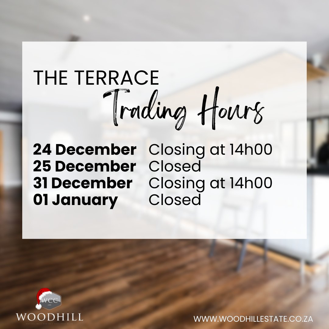 The Terrace is open during December! So you can pop on down whenever you’re hungry for good food and a great atmosphere. 
We’ll be open on the: 
24 December – Until 14h00
25 December – Closed
31 December – Until 14h00
1 January – Closed
See you there! #clubwoodhill #theterrace