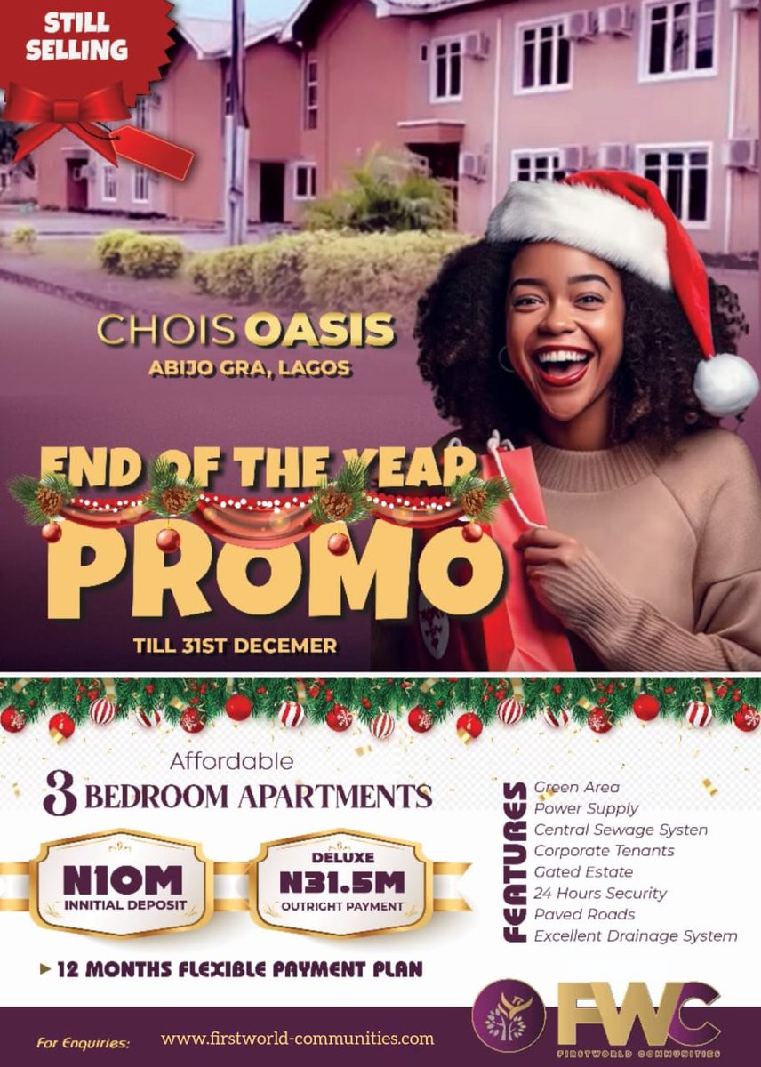 FWCommunities's tweet photo. END OF THE YEAR PROMO!!!
GET 15% DISCOUNT!
.........
Location📍: Abijo GRA.

Price : N31.5M
.
#realestate #realtor #fwc #firstworldcommunities
#choisoasis #choisgarden #property #forsale #investment #realtorlife https://t.co/UztjY425DP