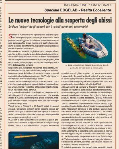 🌊 Esplorazione degli Abissi Marini con Tecnologie Avanzate 

🤖 Veicoli subacquei autonomi (AUV) come U_Deep® e U_Tracker® stanno rivoluzionando l'esplorazione oceanica.
 visita il sito edgelab.eu.  #EsplorazioneOceanica  #AUV #AI 
#sole24ore