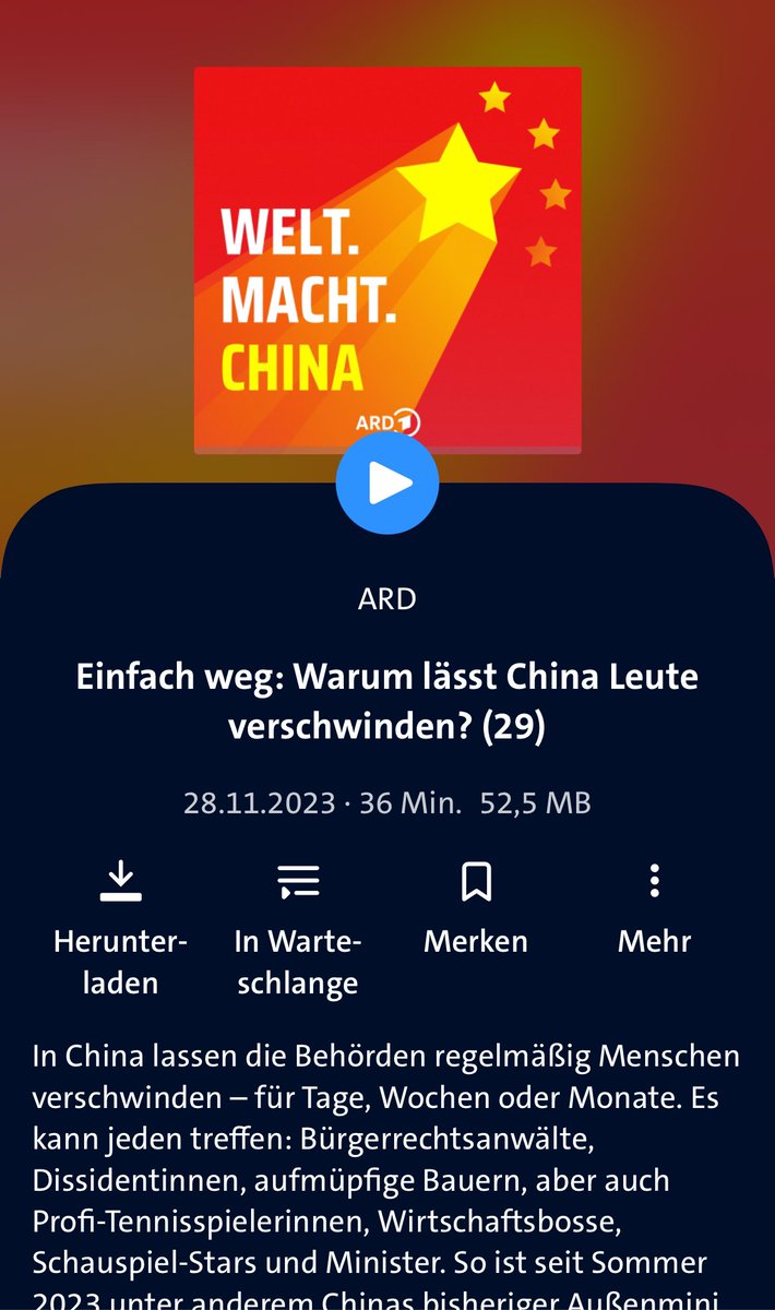 🇨🇳 In #WeltMachtChina sprechen wir diesmal über das staatliche Verschwindenlassen von Menschen in #China: Betroffen sind Bürgerrechtler, Profi-Tennisspielerinnen, Wirtschaftsbosse und Minister. Mit dabei <a href="/SafeguardDefend/">Safeguard Defenders (保护卫士)</a>, <a href="/BjoernAlpermann/">Björn Alpermann</a>, <a href="/kirchnerruth/">Ruth Kirchner</a> 
ardaudiothek.de/episode/welt-m…