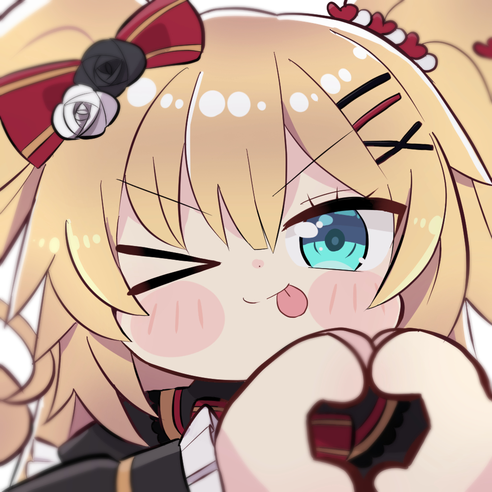 akai haato 1girl blonde hair tongue tongue out one eye closed hair ornament official alternate hairstyle  illustration images