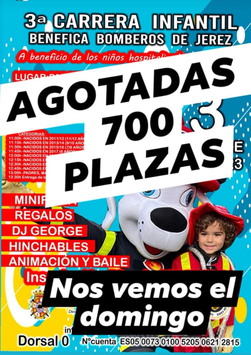 🚨 AGOTADO 😱 700 PLAZAS, MIL GRACIAS
Nos vemos el domingo, y si te quedaste sin plaza, puedes venir, animar a los participantes y participar en las actividades
<a href="/BomberosCbpc/">Consorcio de Bomberos de la Provincia de Cádiz</a> <a href="/ciudadjerez/">Ayuntamiento de Jerez</a> <a href="/policia/">Policía Nacional</a> <a href="/guardiacivil/">Guardia Civil</a> <a href="/ComandanteLara/">Luis Lara</a>