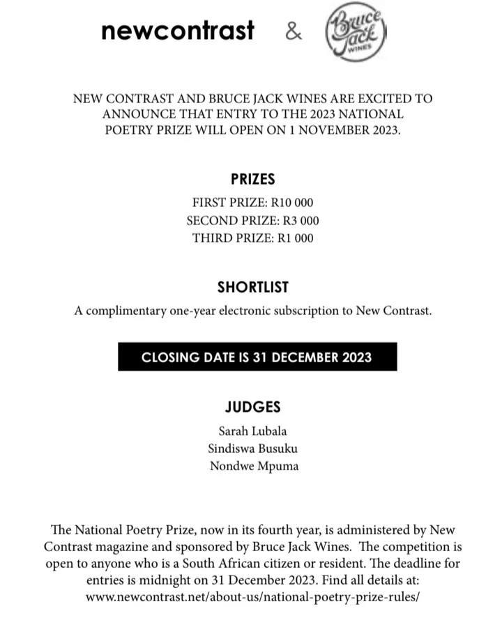 The National Poetry Prize is open to South African citizens or residents with entries closing on December 31st, be sure to get your entries for a chance to win the R10 000 first prize