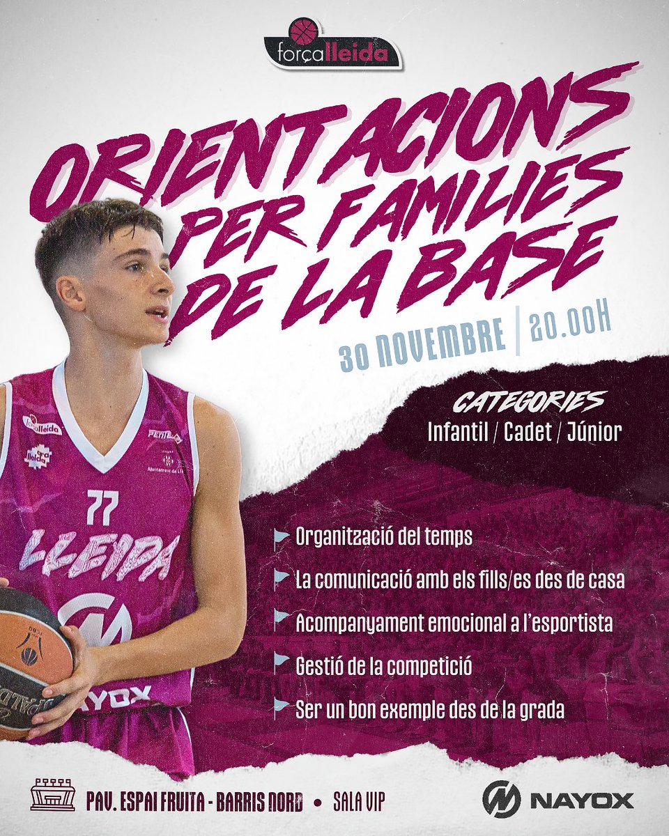 flleidabase's tweet photo. 🚨ATENCIÓ FAMÍLIES🚨
Aquest dijous repetim xerrada orientativa centrada en les bones pràctiques i comportaments pel ben estar. Però aquesta vegada, són per les famílies dels nostres jugadors/es d'INFANTIL, CADET I JÚNIOR amb la psicòloga del club, @_noemibonet 👊💜

Us hi esperem https://t.co/EqjnBtVCKY